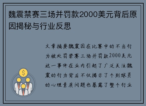 魏震禁赛三场并罚款2000美元背后原因揭秘与行业反思