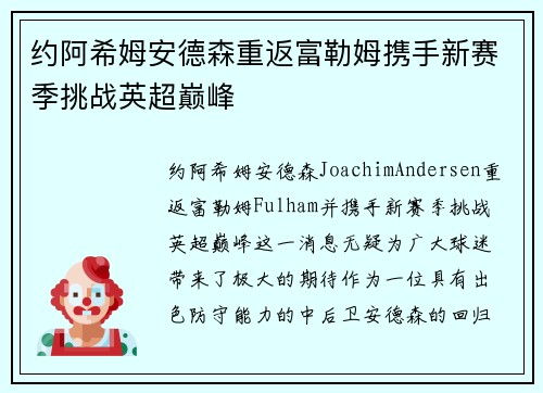 约阿希姆安德森重返富勒姆携手新赛季挑战英超巅峰